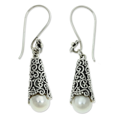 White Arabesque Dewdrop Pearl Dangle Earrings