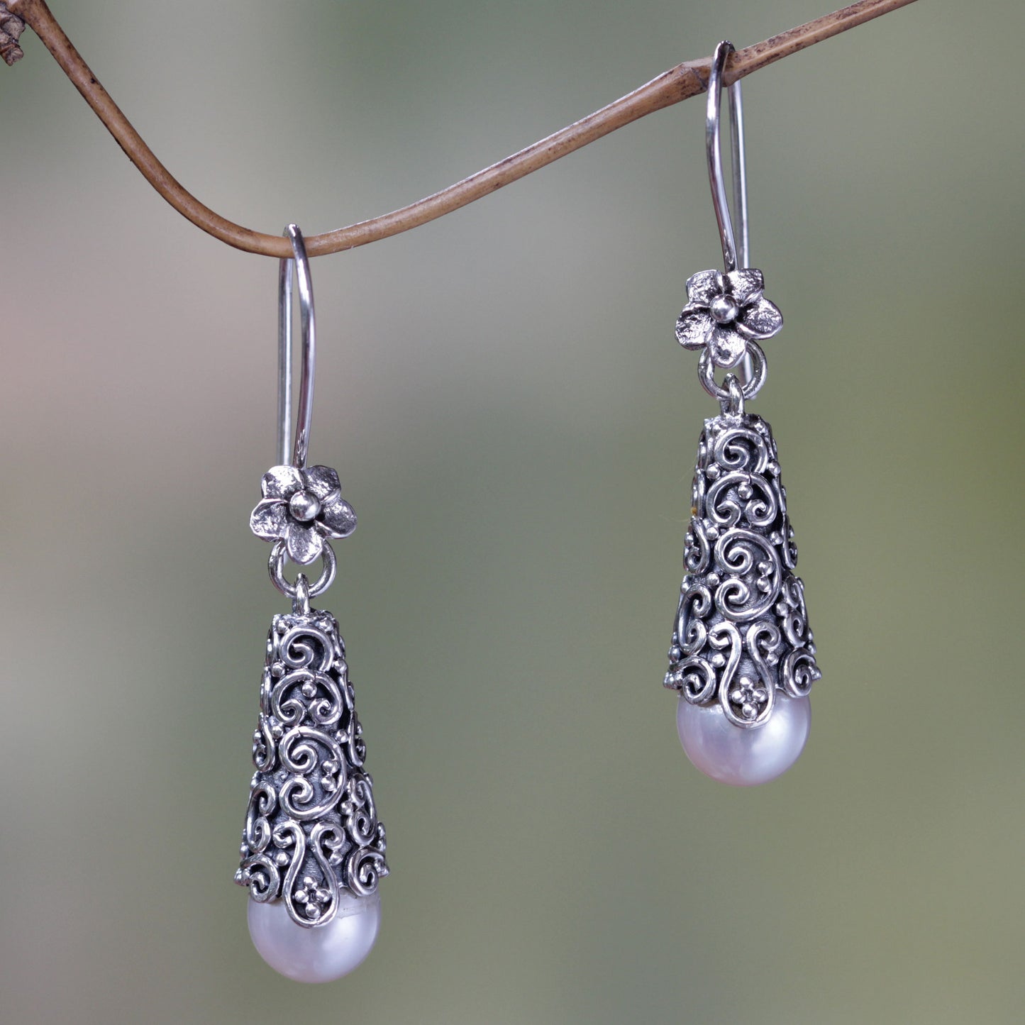 White Arabesque Dewdrop Pearl Dangle Earrings