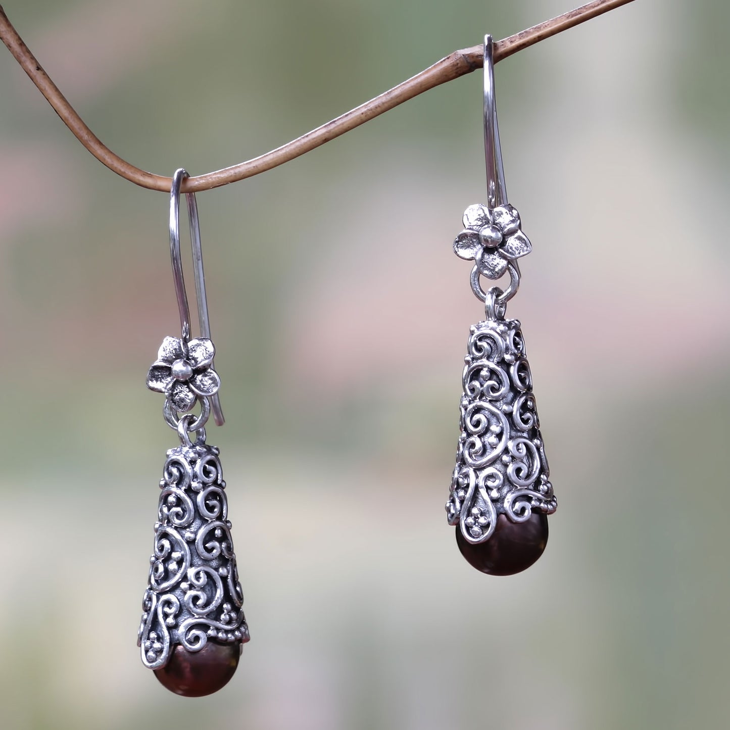 Brown Arabesque Dewdrop Cultured Earrings