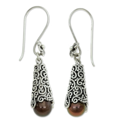 Brown Arabesque Dewdrop Cultured Earrings