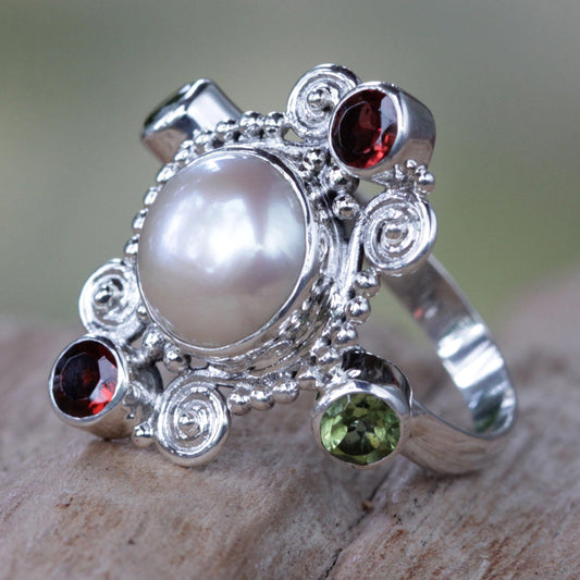 Moon and Stars Artisan Crafted Cultured Pearl and Garnet Ring with Peridot