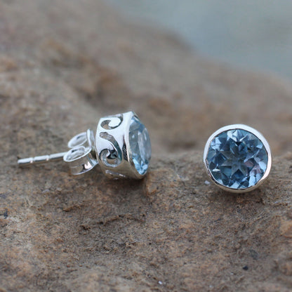 Spark of Life Blue Topaz Silver Wave Earrings