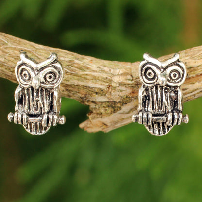 Wise Little Owl Silver Button Earrings