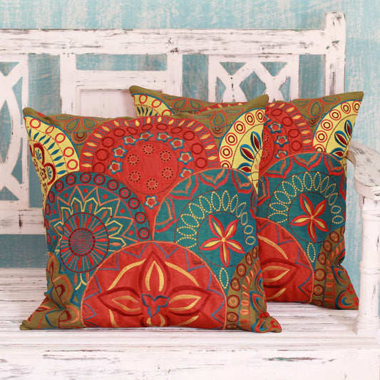 Glorious 2 Orange and Teal Embroidered Applique Cushion Covers