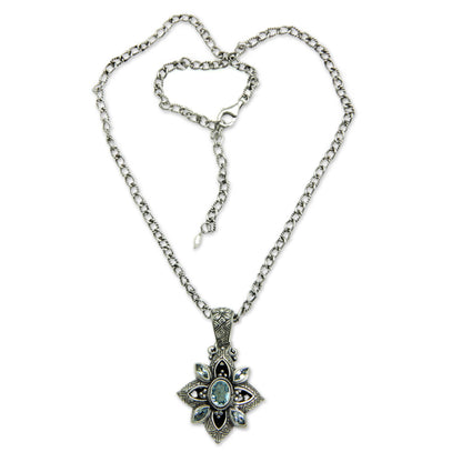 Jasmine Shield Floral Sterling Silver Necklace with Blue Topaz 2.5 cts