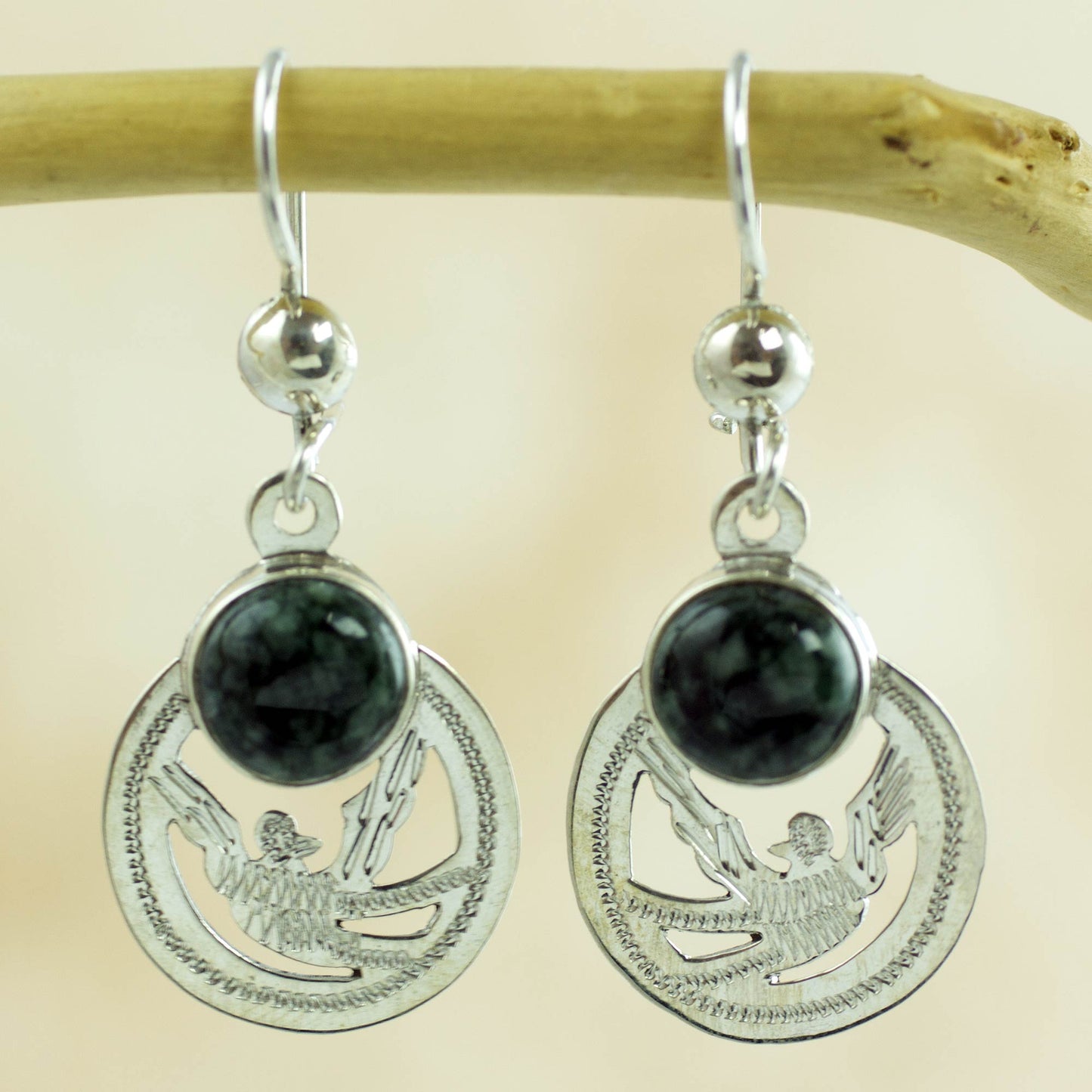 Quetzal Patriot Handmade Jade and Sterling Silver Earrings