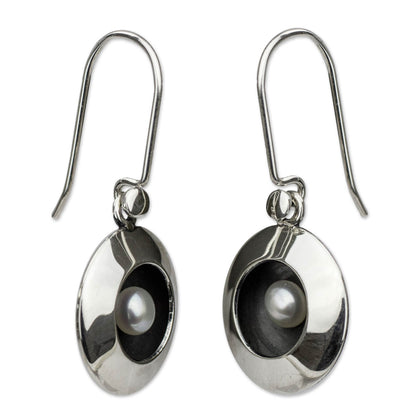 Moon Intrigue Taxco Silver Earrings with Cultured Pearl