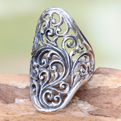 Sukawati Fern Hand Crafted Sterling Silver Cocktail Ring from Indonesia