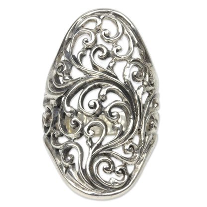 Sukawati Fern Hand Crafted Sterling Silver Cocktail Ring from Indonesia