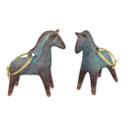 Horses of Winter Antiqued Celadon Ceramic Christmas Ornaments (Pair)