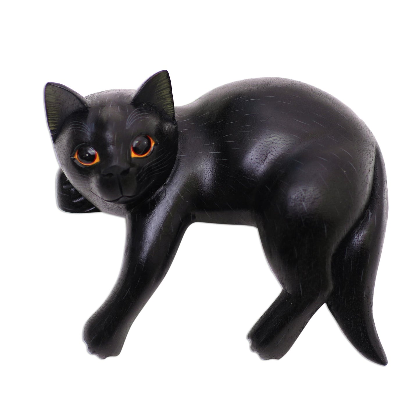 Black Cat Relaxes Signed Balinese Black Cat Sculpture