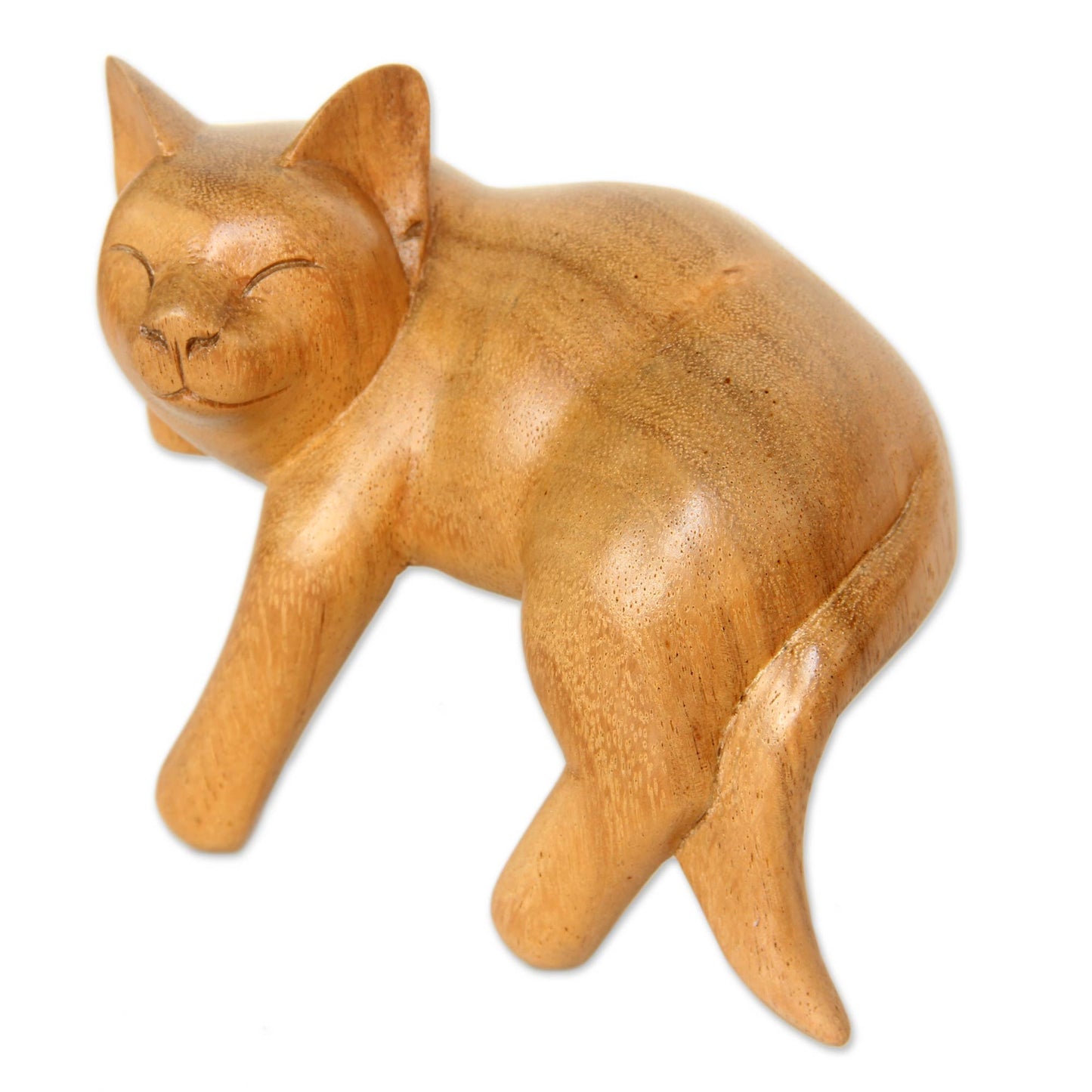 Smiling Cat Relaxes Signed Balinese Tabby Cat Sculpture