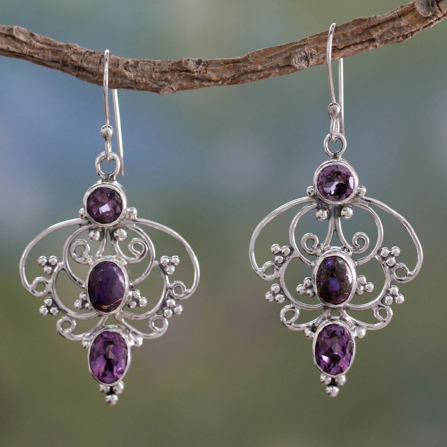 Purple Arabesque Artisan Crafted Amethyst Earrings with Composite Turquoise