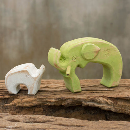 Green Elephant Family Hand Crafted Green and White Wood Elephant Sculptures (Pair)