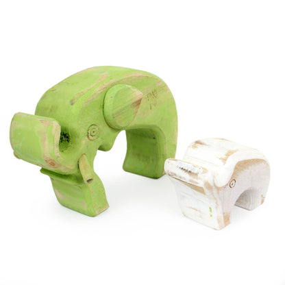 Green Elephant Family Hand Crafted Green and White Wood Elephant Sculptures (Pair)