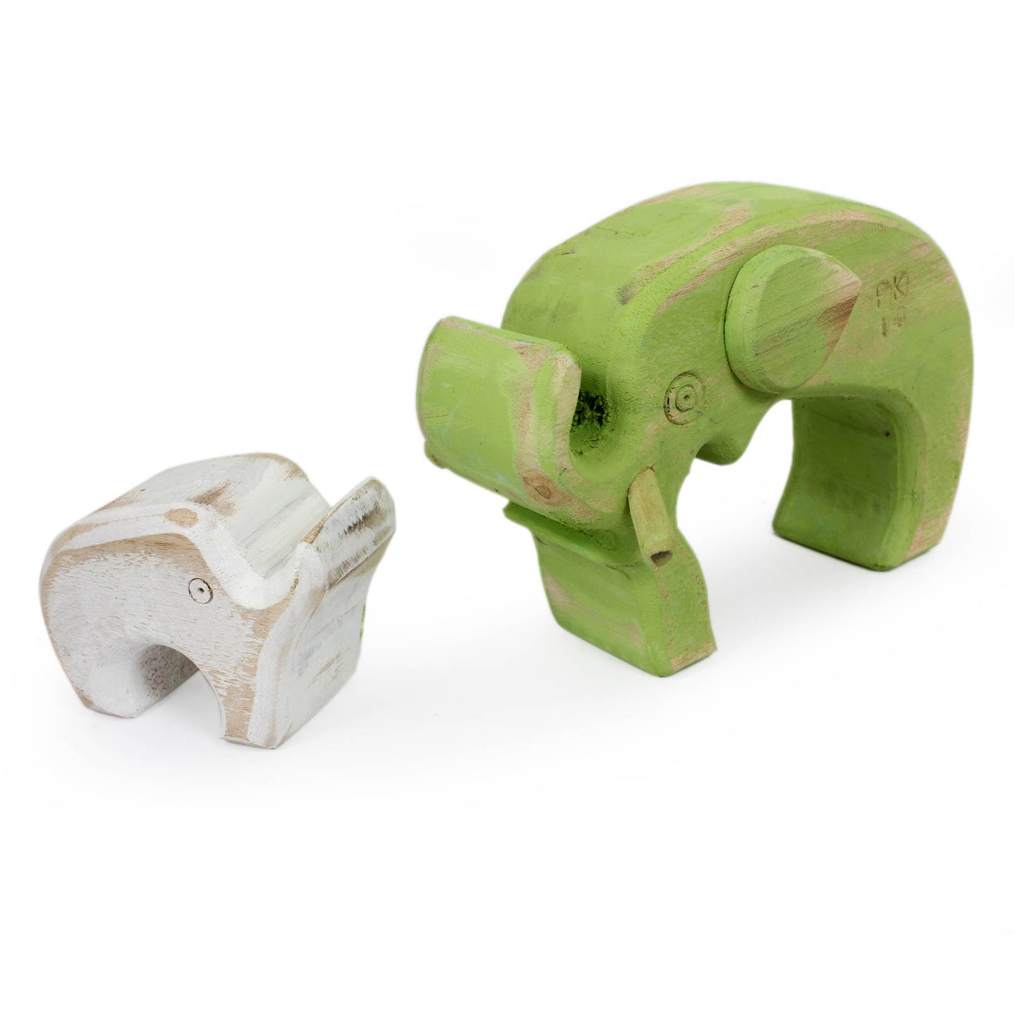 Green Elephant Family Hand Crafted Green and White Wood Elephant Sculptures (Pair)