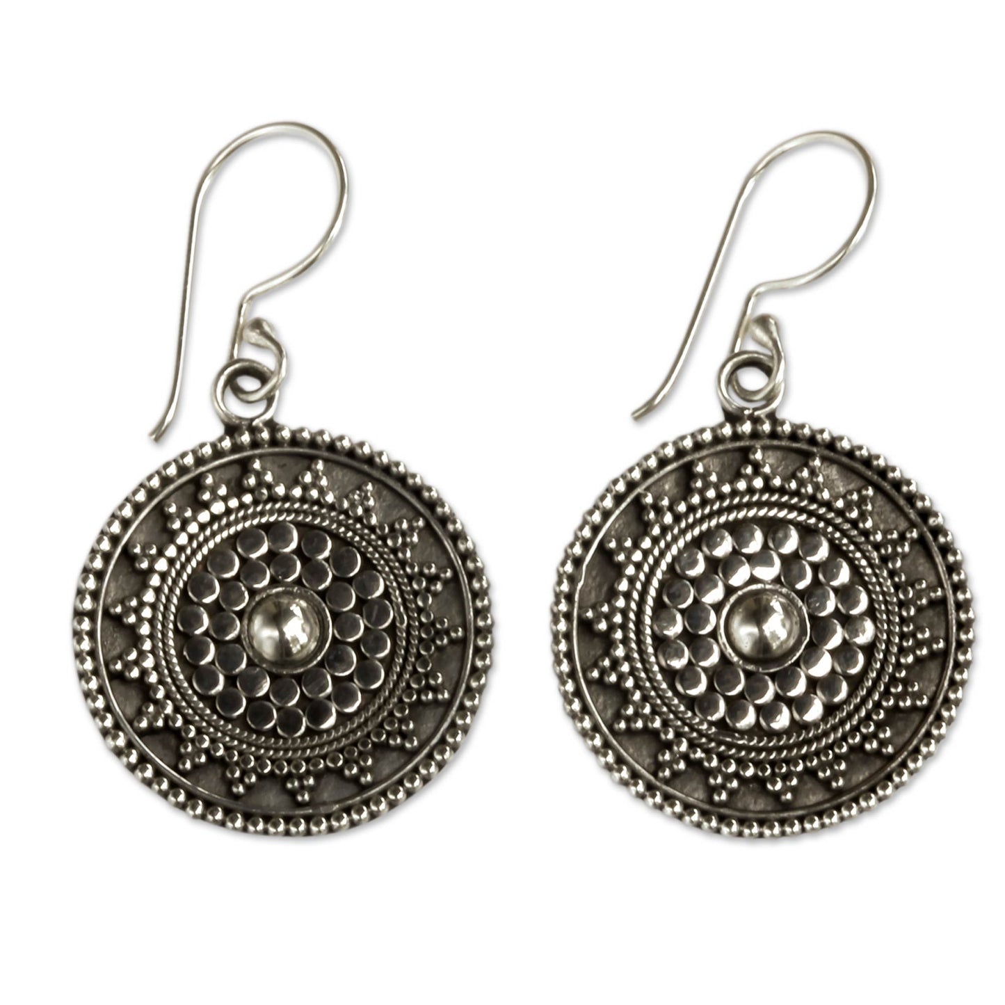 Indonesian Sun Silver Dangle Hook Earrings