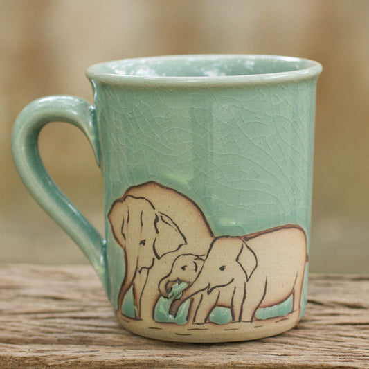 Blue Elephant Family Blue and Brown Elephant Theme Celadon Ceramic Mug