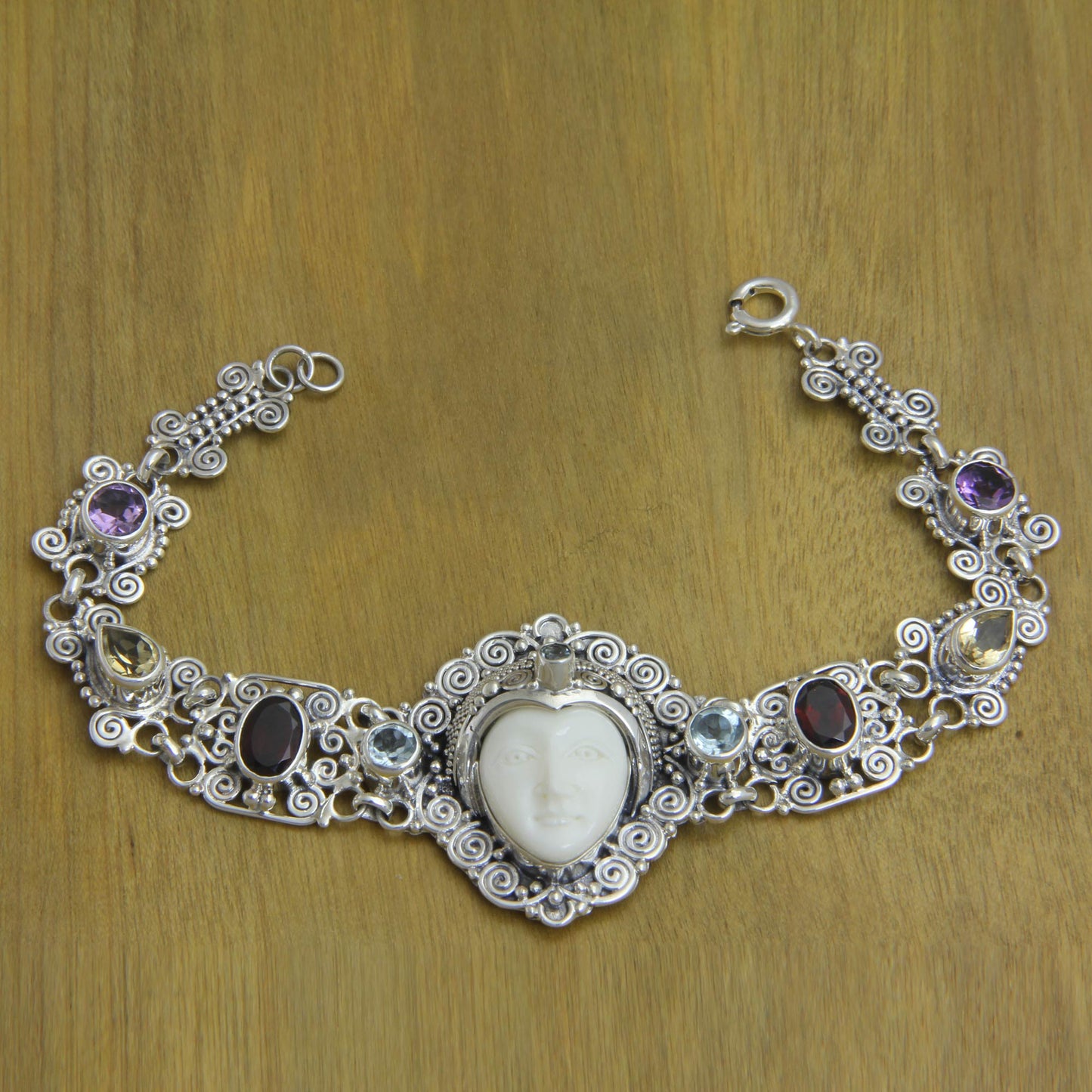 Noble Lady Multi-Gem Garnet Silver & Bone Link Bracelet