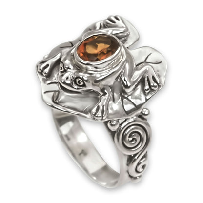 Golden Rainforest Frog Citrine and Silver Frog Cocktail Ring