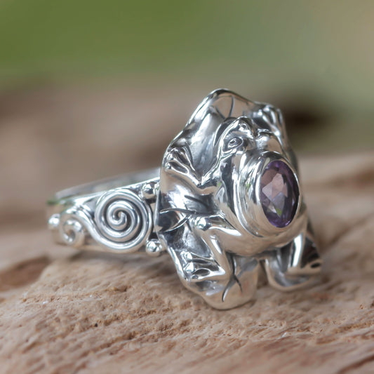 Lilac Rainforest Frog Amethyst and Silver Frog Cocktail Ring