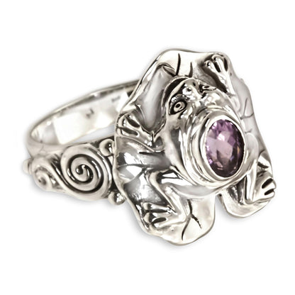 Lilac Rainforest Frog Amethyst and Silver Frog Cocktail Ring