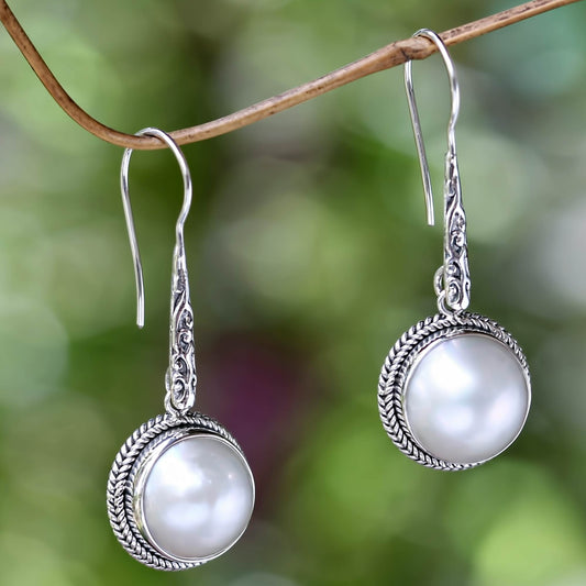 White Camellia Cultured Mabe Pearl Dangle Earrings from Bali