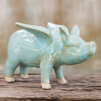 Flying Blue Pig Handcrafted Blue Ceramic Flying Pig from Thailand