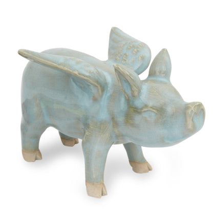 Flying Blue Pig Handcrafted Blue Ceramic Flying Pig from Thailand