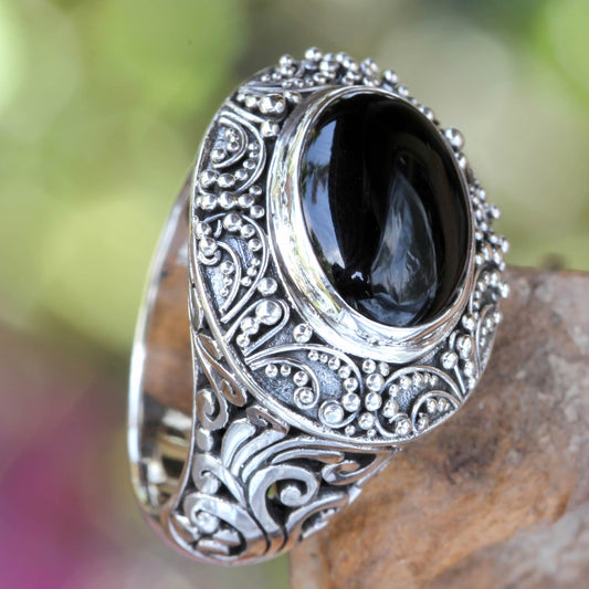 Midnight Intrigue Onyx Cabochon and Sterling Silver Cocktail Ring from Bali