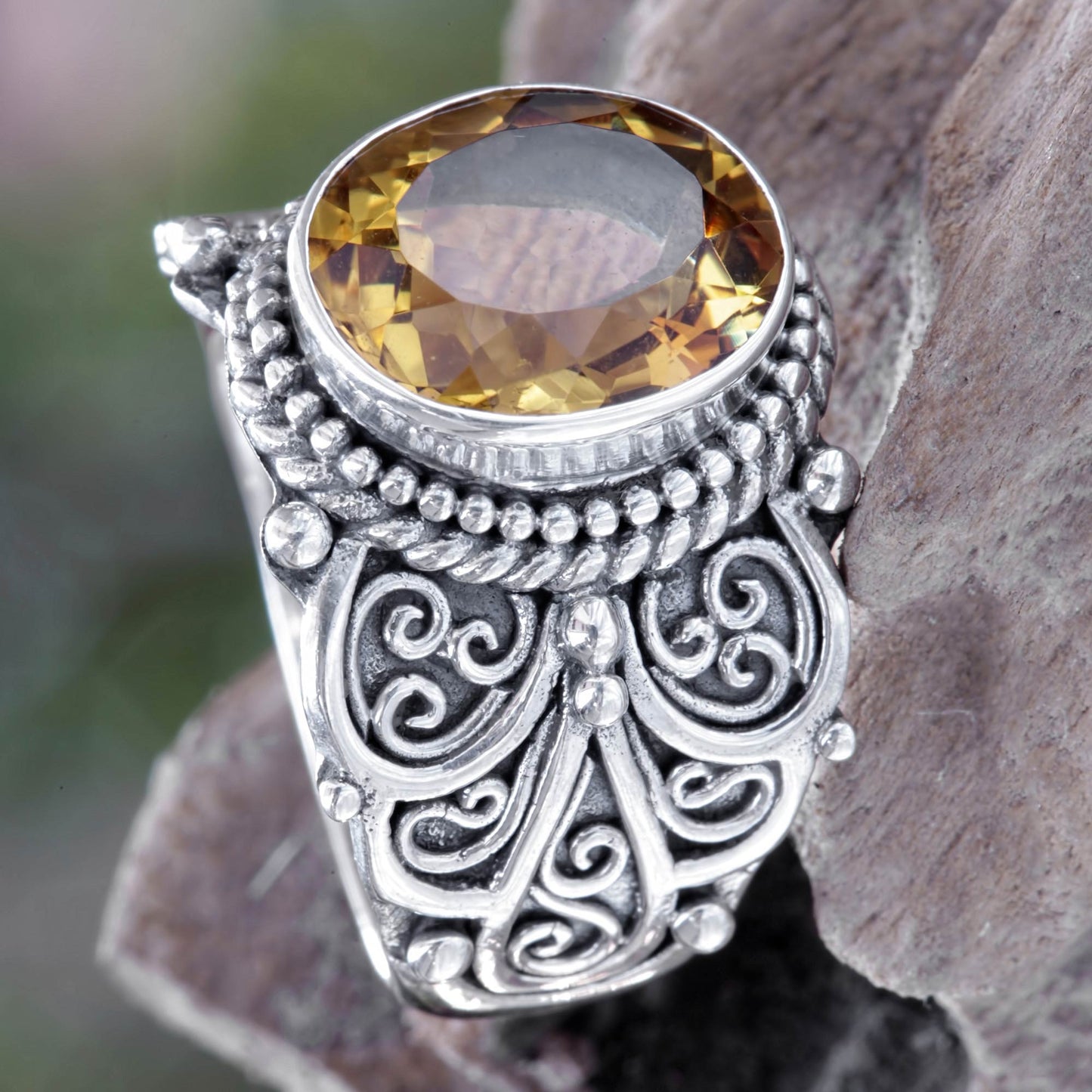 Golden Flower Citrine and Sterling Silver Cocktail Ring from Bali