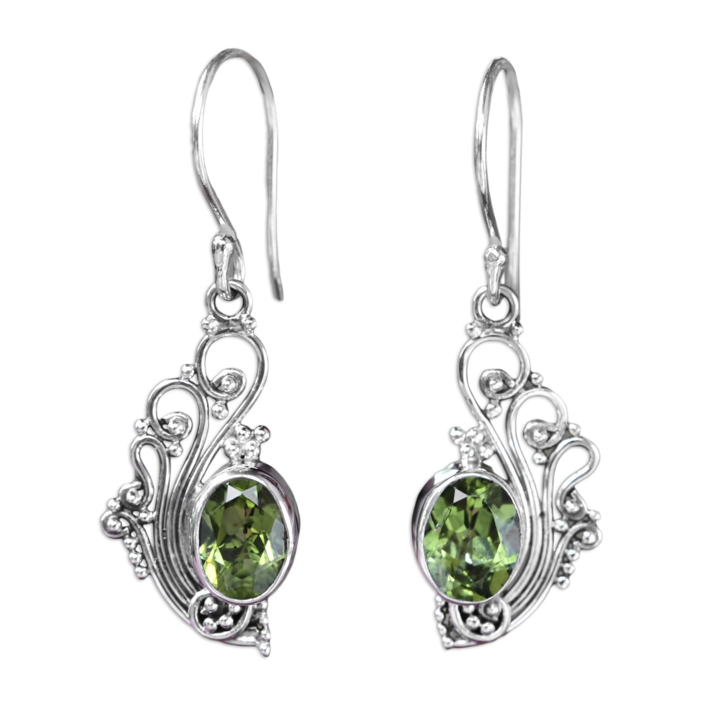 Green Peacock Feather Peridot Silver Dangle Earrings