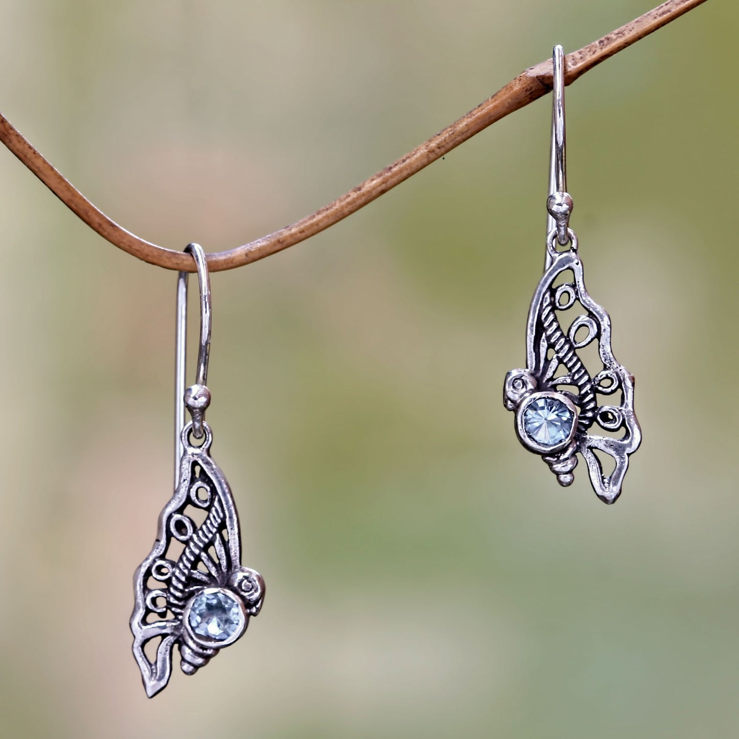 Kupu-Kupu Blue Topaz Butterfly Dangle Earrings from Bali