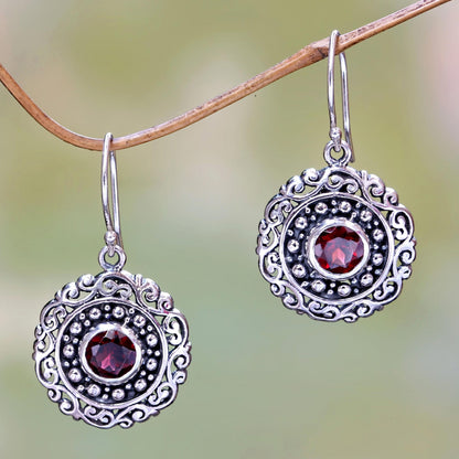 Solar Flares Round Sterling Silver and Garnet Dangle Earrings