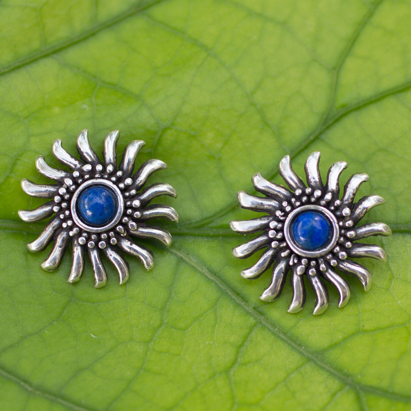 Mexican Suns Sterling Silver and Lapis Lazuli Handcrafted Button Earrings