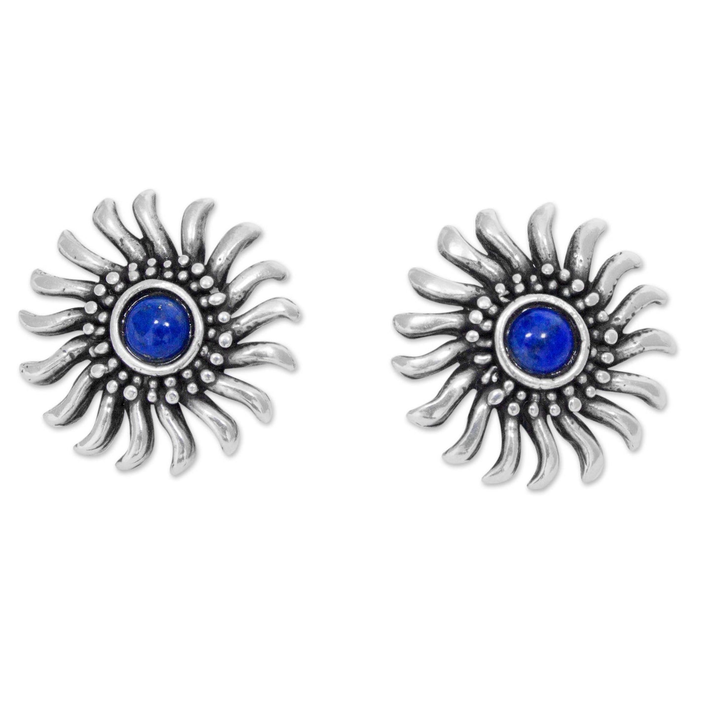 Mexican Suns Sterling Silver and Lapis Lazuli Handcrafted Button Earrings