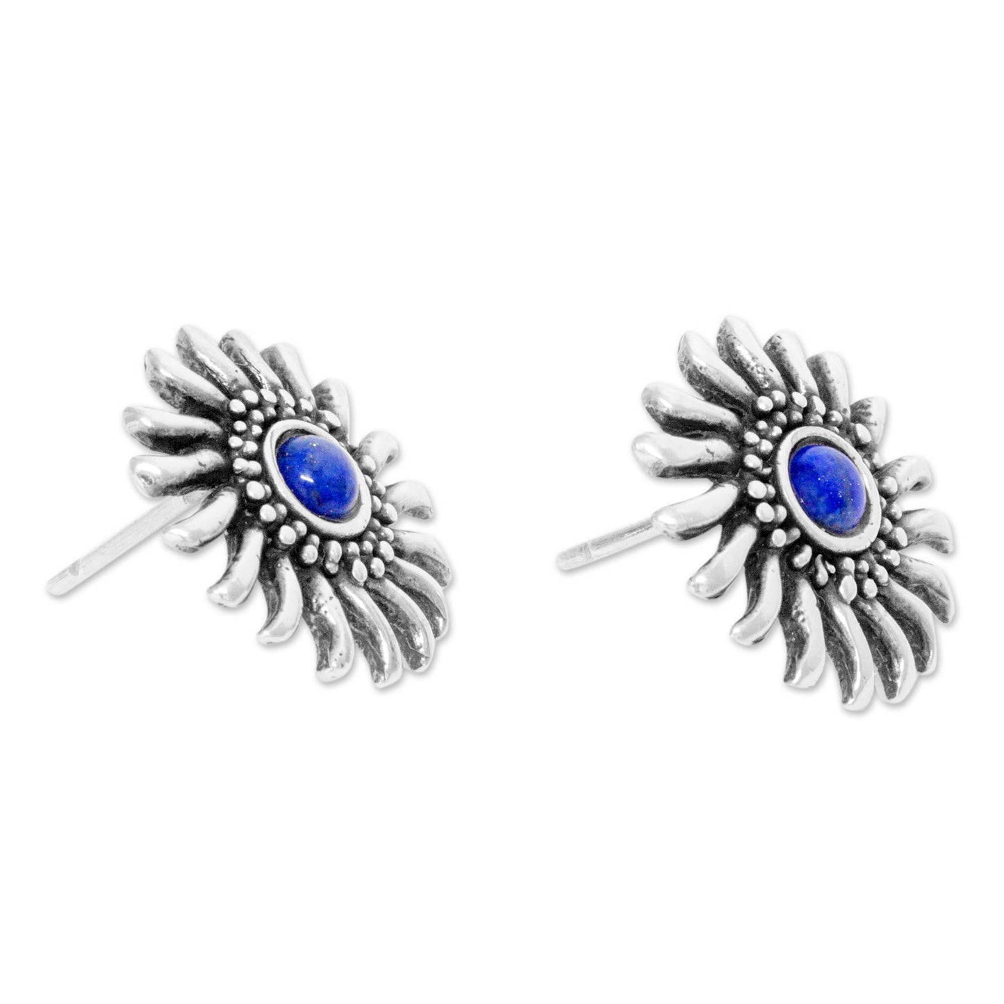 Mexican Suns Sterling Silver and Lapis Lazuli Handcrafted Button Earrings