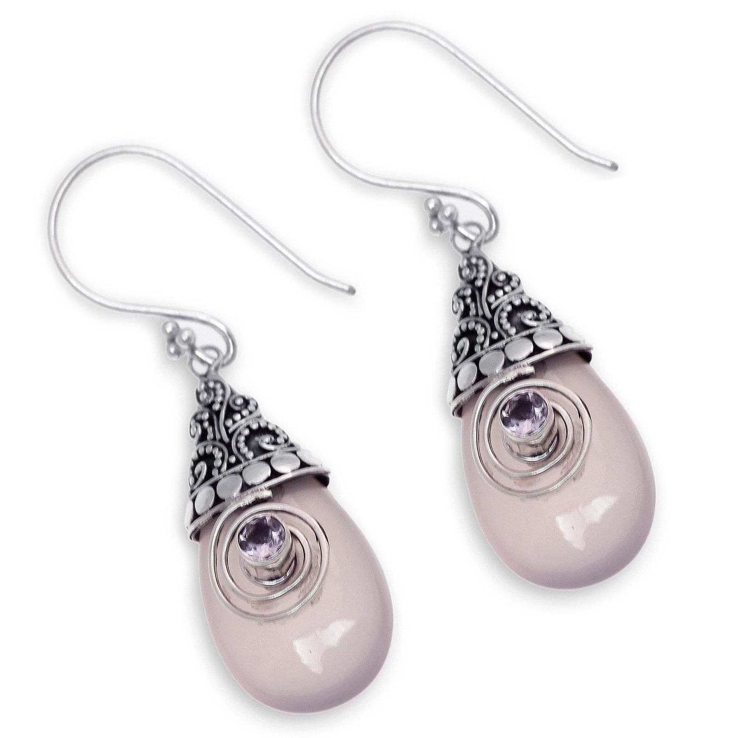 Mount Bromo Dawn Rose Quartz and Amethyst Sterling Silver Dangle Earrings