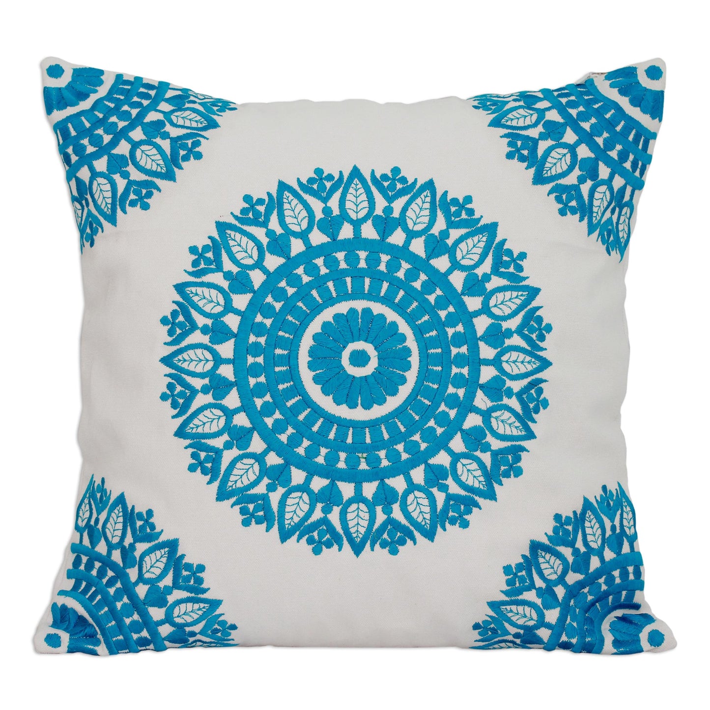 Cool Turquoise Mandalas Embroidered Blue on White Cushion Covers from India (Pair)