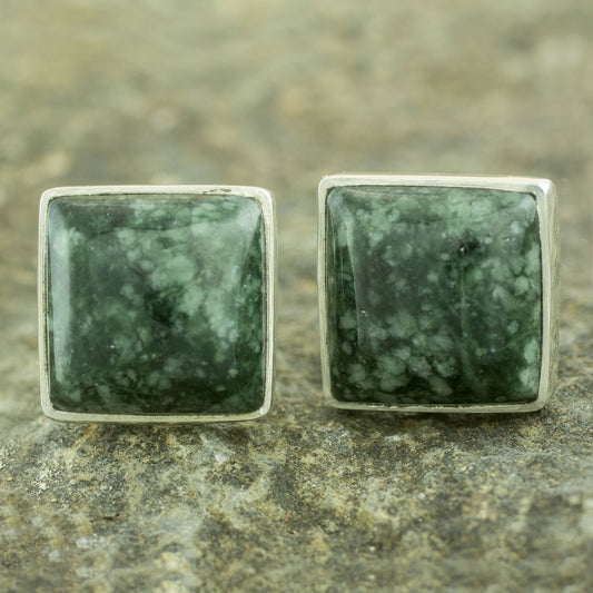 Forest Mystique Classic Silver Button Earrings with Green Maya Jade