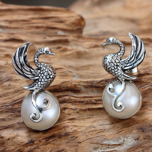 Moon Swan Swan Motif Cultured Pearl and Silver Drop Earrings