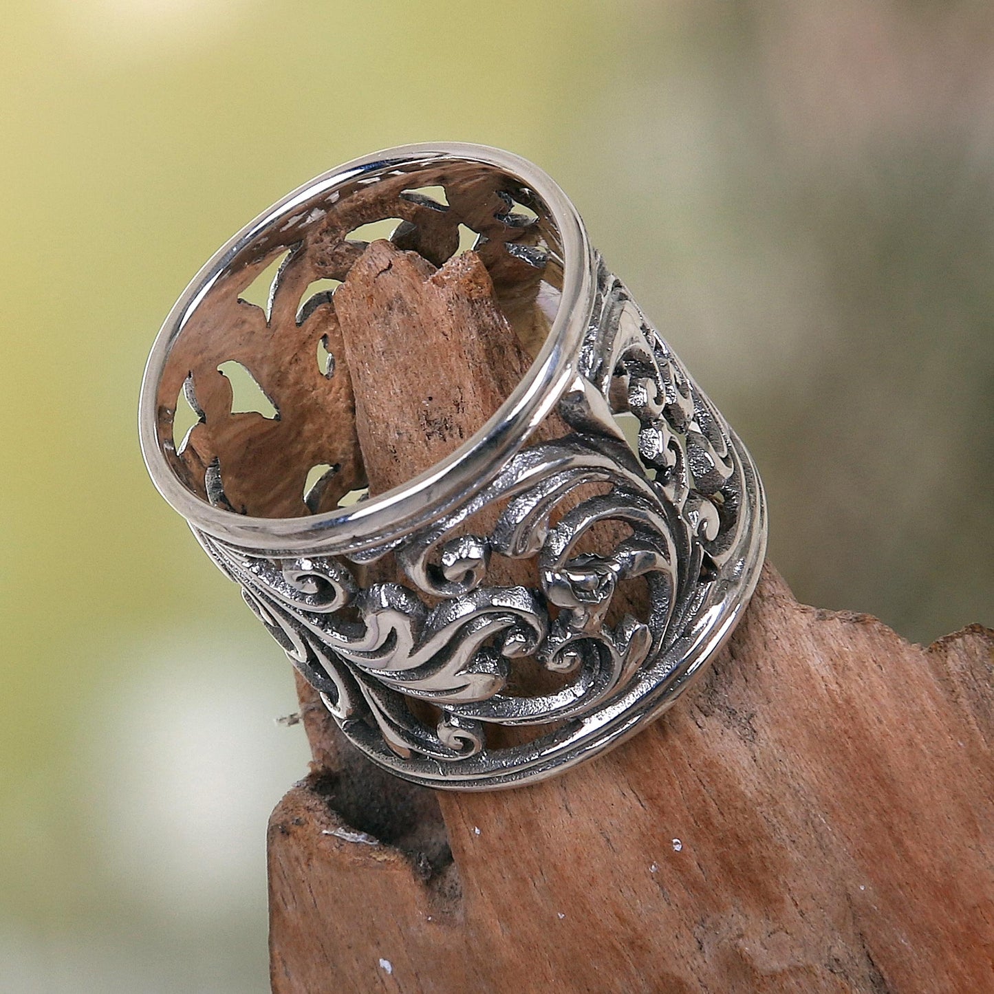 Tropical Rain Forest Balinese Women's Sterling Silver Handcrafted Wide Band Ring