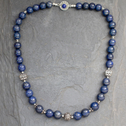 Elegance Handmade Sterling Silver and Lapis Lazuli Beaded Necklace