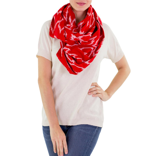 Ruby Maya Red White Patterned Infinity Scarf in Hand Woven Cotton
