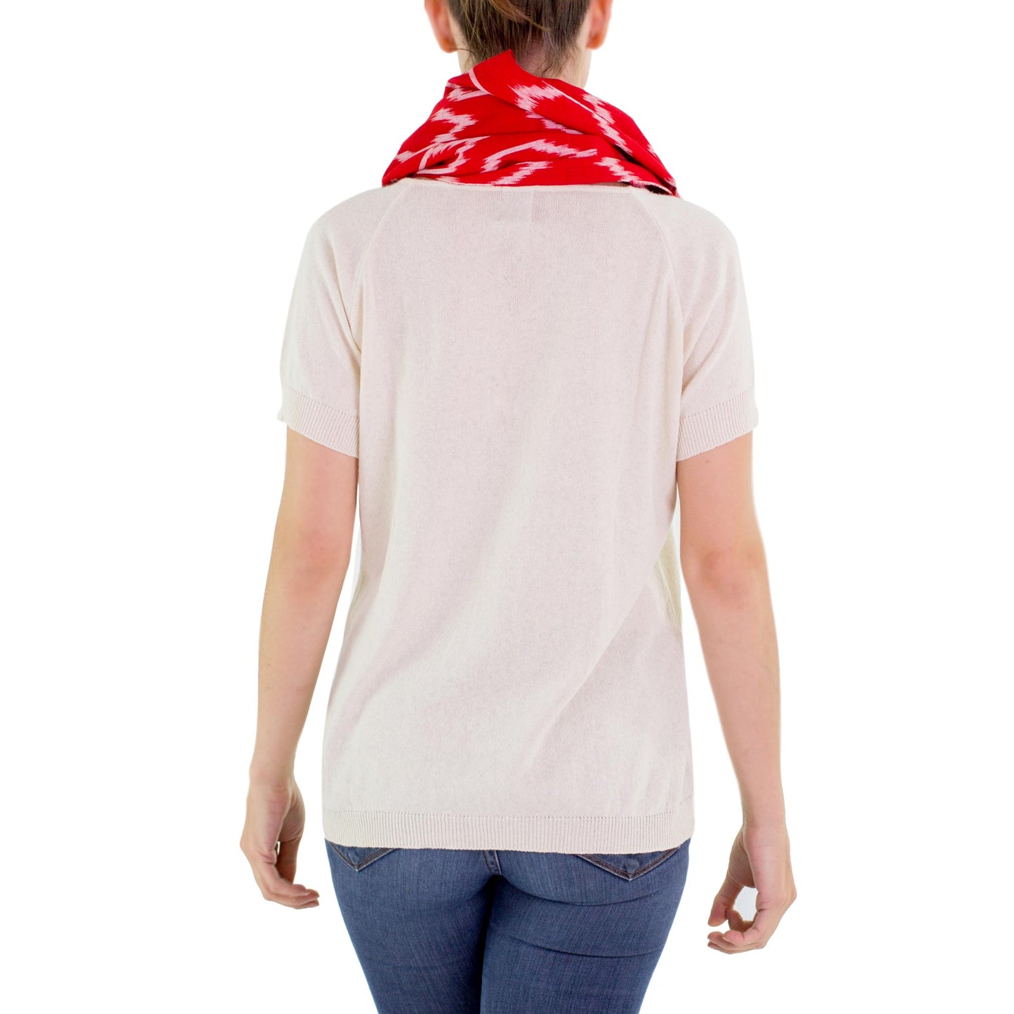 Ruby Maya Red White Patterned Infinity Scarf in Hand Woven Cotton