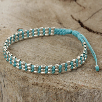 Friendly Blue Light Blue Macrame Adjustable Bracelet with 950 Silver Beads