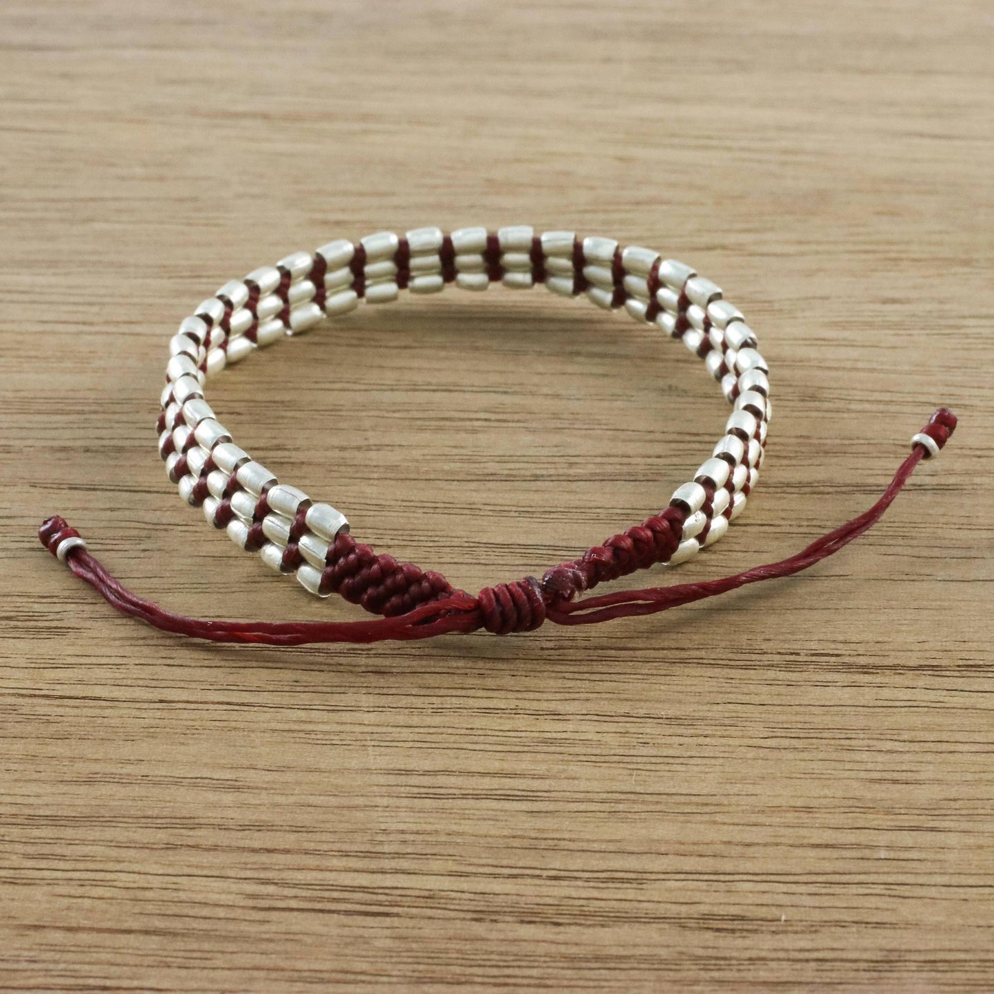 Friendly Red Handmade Silver 950 Bead and Red Cord Bracelet