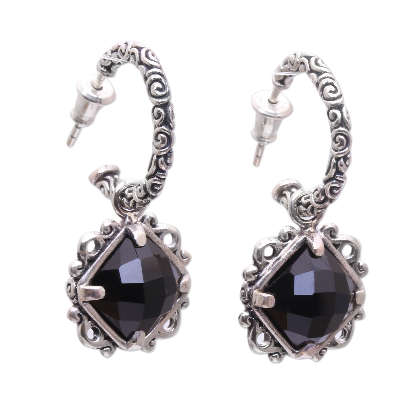 Sweet Enchantment Elegant Black Onyx and Silver Dangle Earrings from Bali