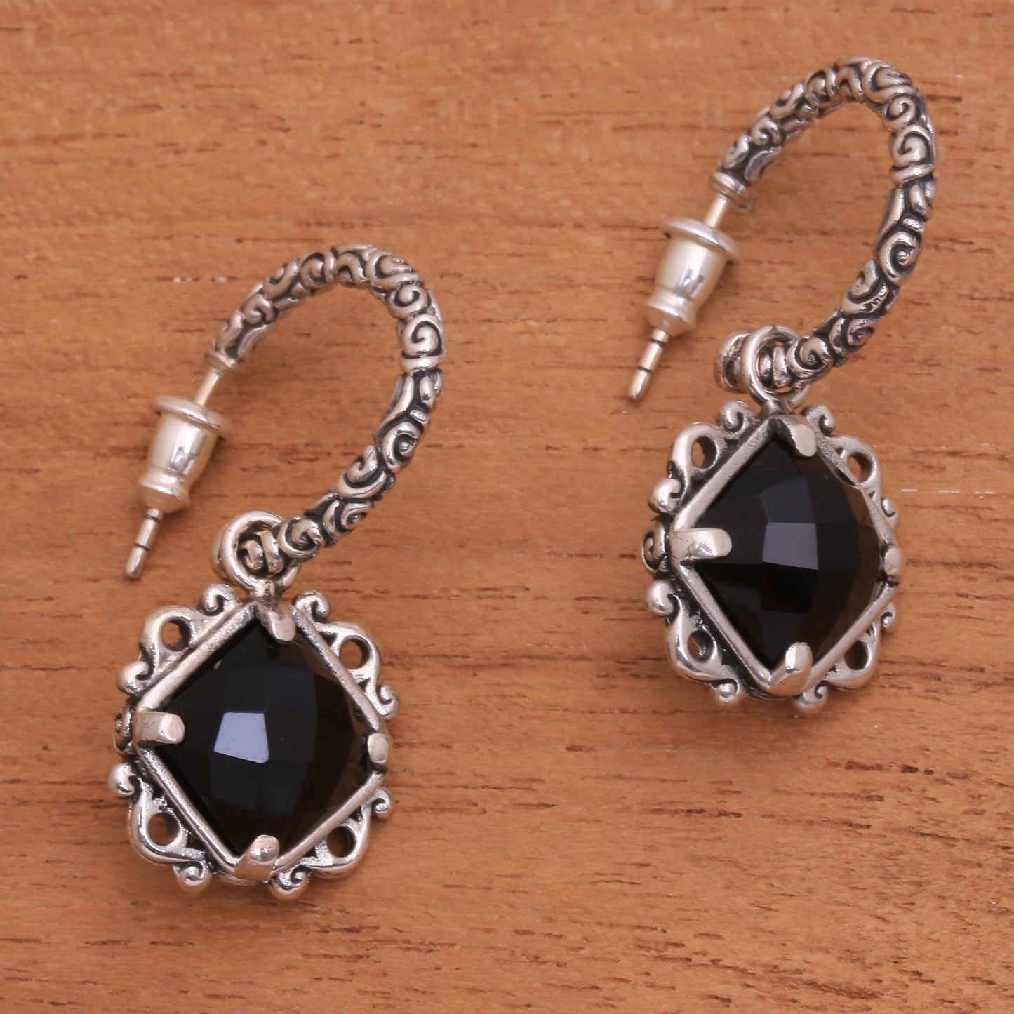 Sweet Enchantment Elegant Black Onyx and Silver Dangle Earrings from Bali