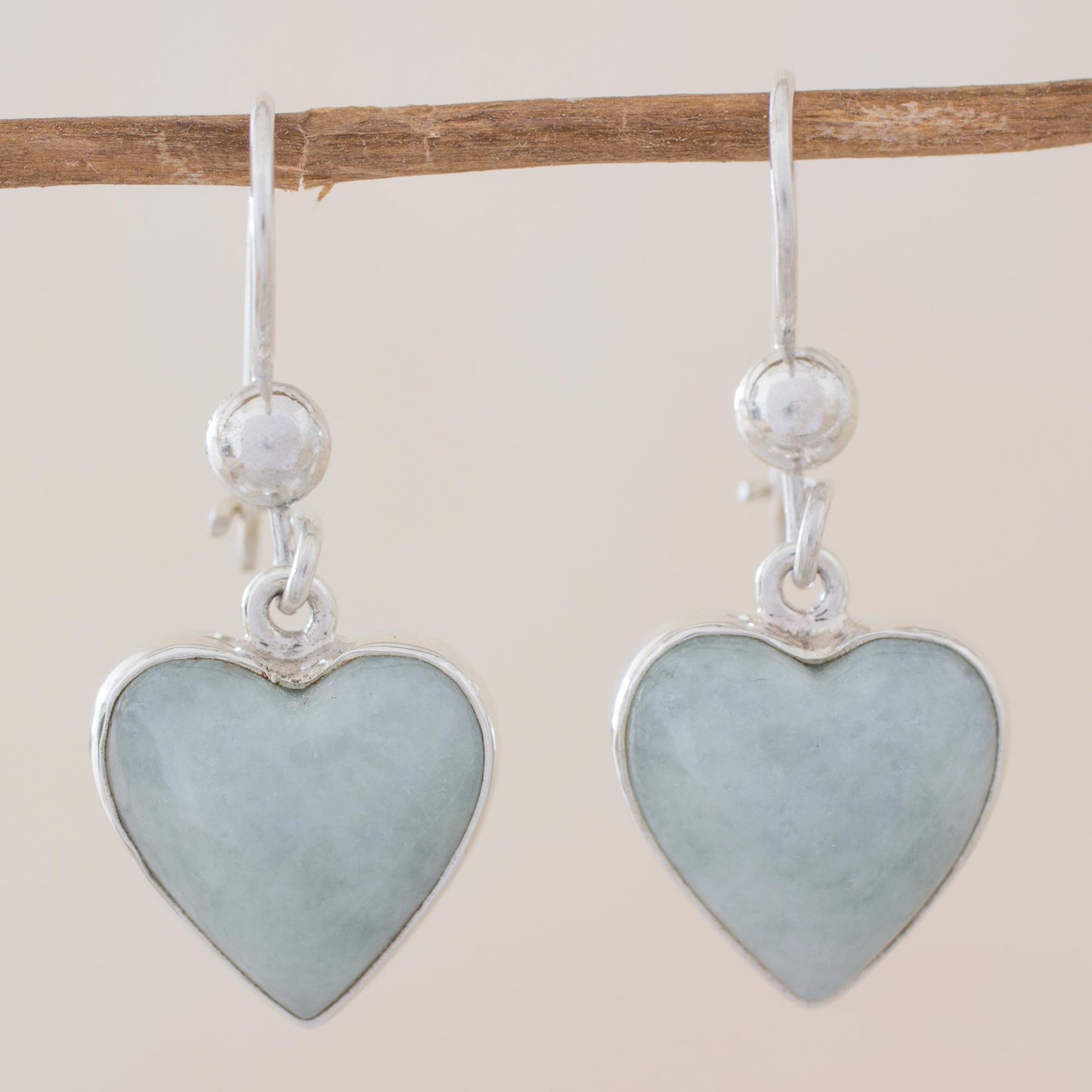 Innocent Heart Sterling Silver Heart Earrings with Light Green Jade